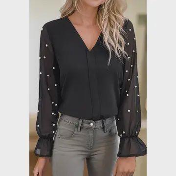 Black Pearl Mesh Sleeve V Neck Blouse, Size: S