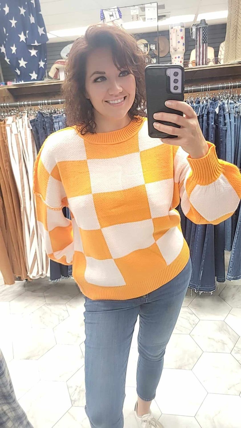 Checkered Bishop Sleeve Sweater
