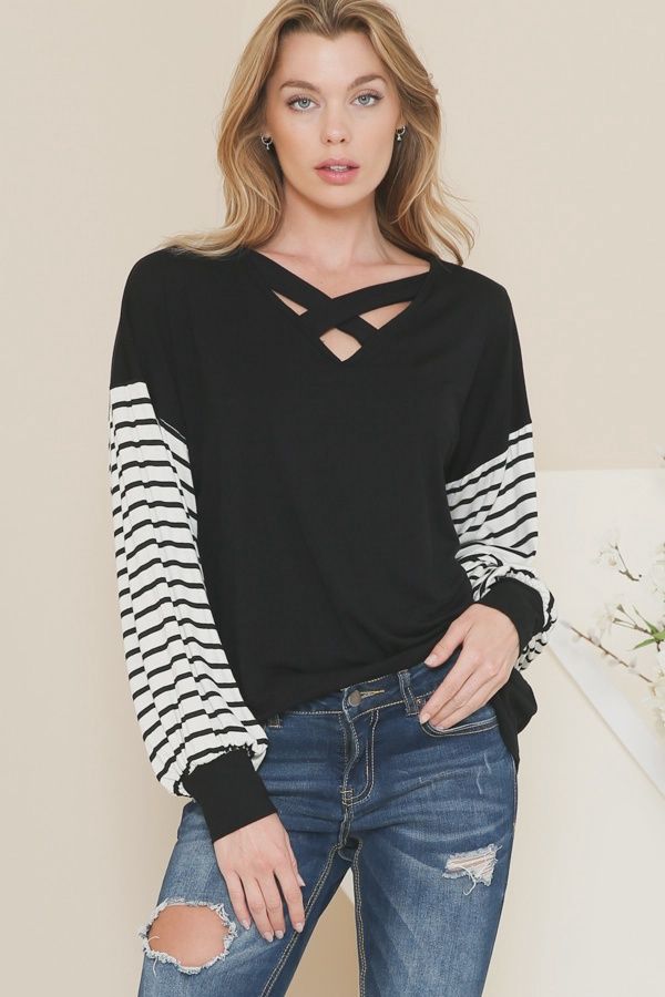 Criss Cross Solid Tunic Stripe Contrast Sleeves