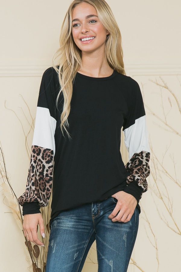 Solid Tunic Top with Color Block Contrast Sleeves