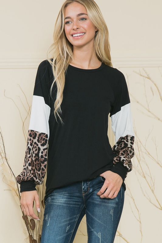 Solid Tunic Top with Color Block Contrast Sleeves
