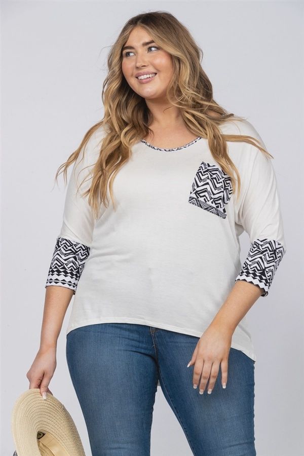 Ivory White with Black Aztec Loose Long Sleeves Tunic.