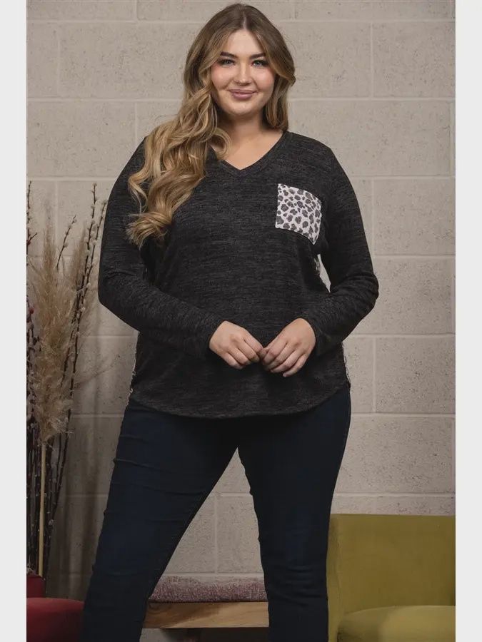 Black Leopard Print Long Sleeves Knit Plus Size Top