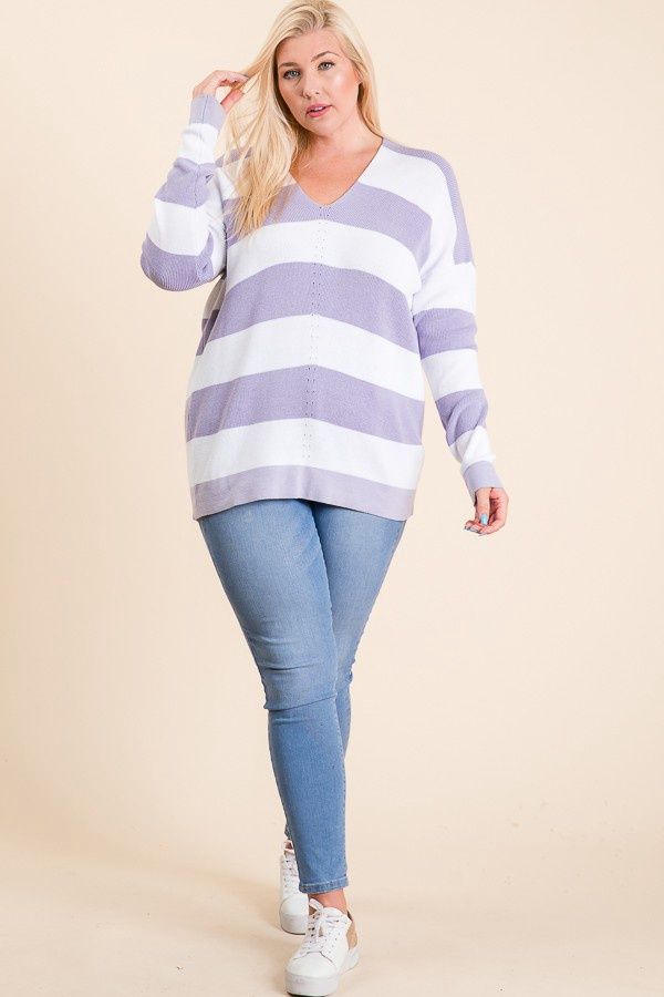 Lilac Grey Bold Stripe V-Neck Ribbed Knit Plus Size SweateR