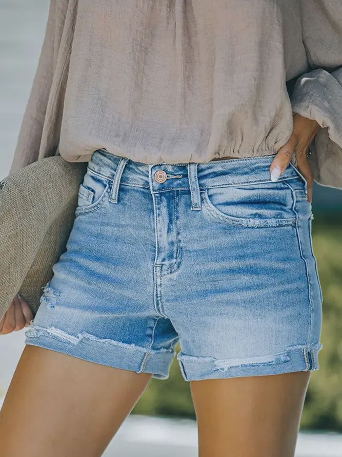Fold Hem Ripped Denim Shorts