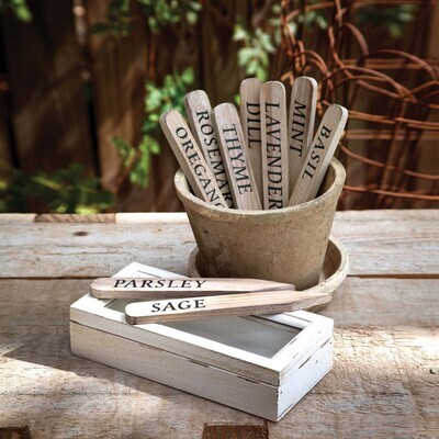 Wooden Herbal Plant Stakes - White in Wooden Box