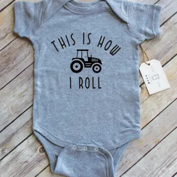 How I Roll Tractor Farm Graphic Cotton Bodysuit (6M) - Heather Grey