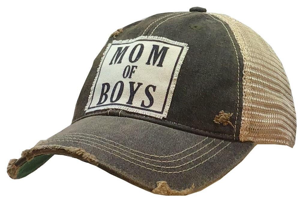 "Mom Of Boys" Distressed Trucker Cap - Black