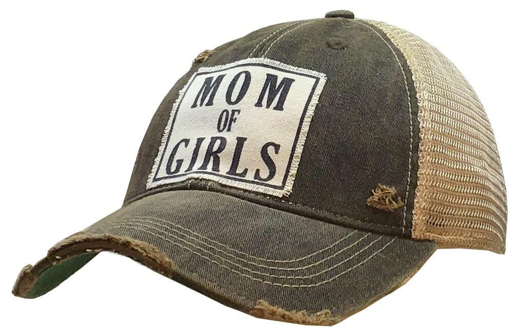 "Mom Of Girls" Distressed Trucker Cap - Black