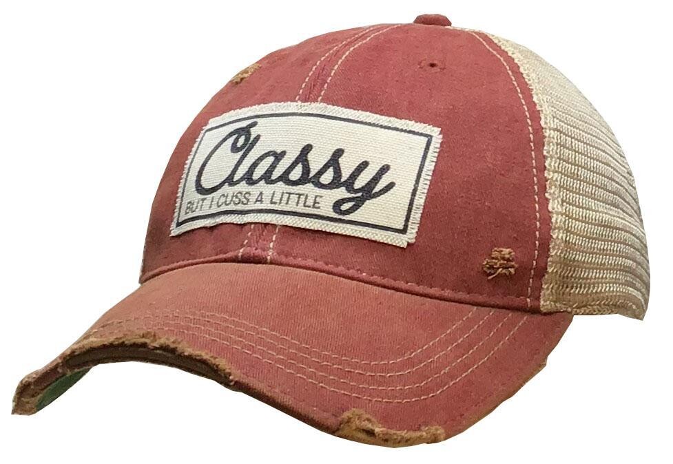 "Classy But I Cuss A Little" Distressed Trucker Cap - Red