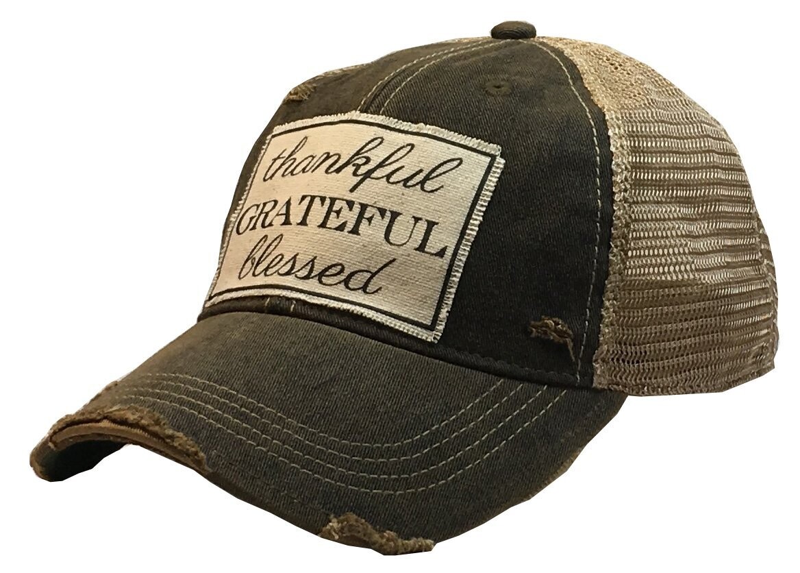 "Thankful Grateful Blessed" Distressed Trucker Cap - Black