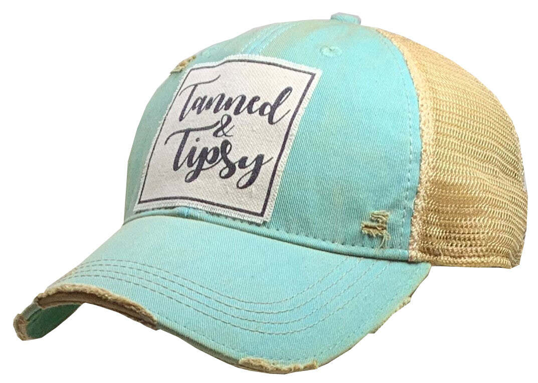 "Tanned &amp; Tipsy" Distressed Trucker Cap - Teal