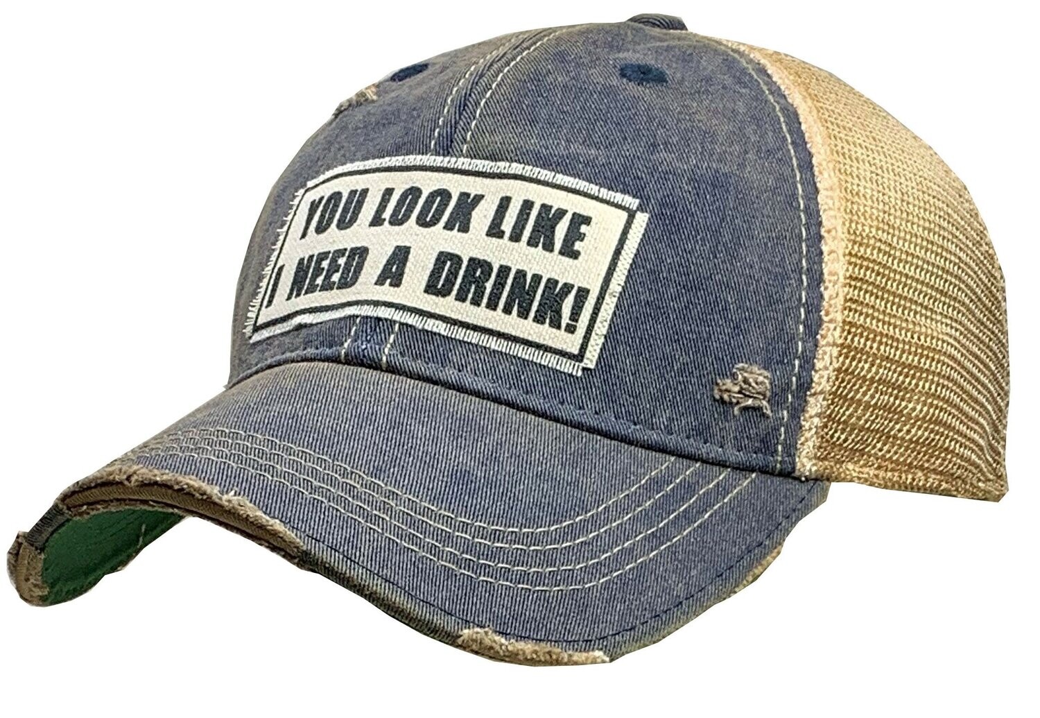 "You Look Like I Need A Drink" Distressed Trucker Cap - Navy Blue