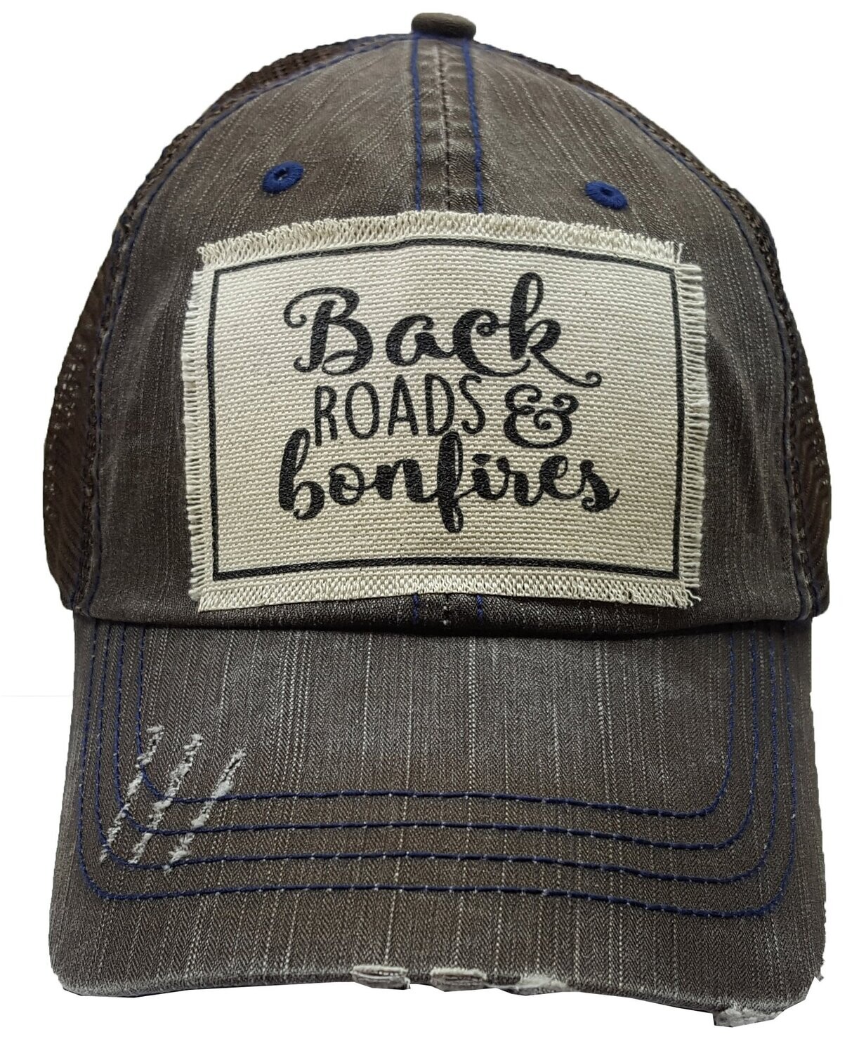 "Back Roads &amp; Bonfires" Distressed Trucker Cap - Dark Brown