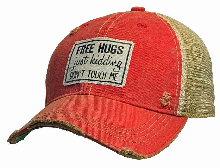 "Free Hugs Just Kidding Don't Touch Me" Distressed Trucker Cap - Light Red