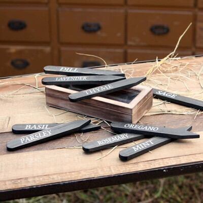 Wooden Herbal Plant Stakes in Black with Wooden Box