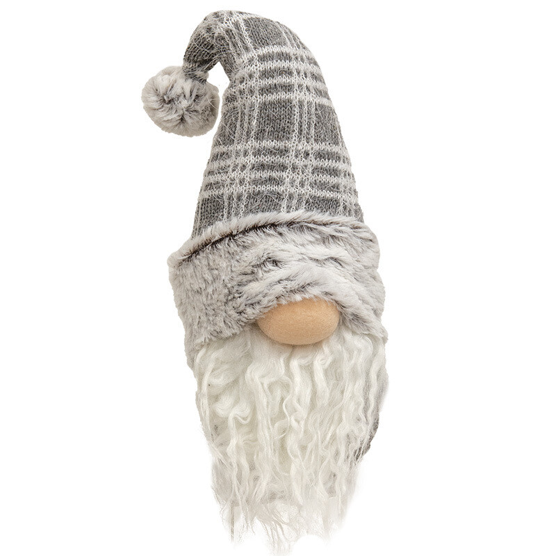 Grey &amp; White Plaid Gnome Sitter - 13in
