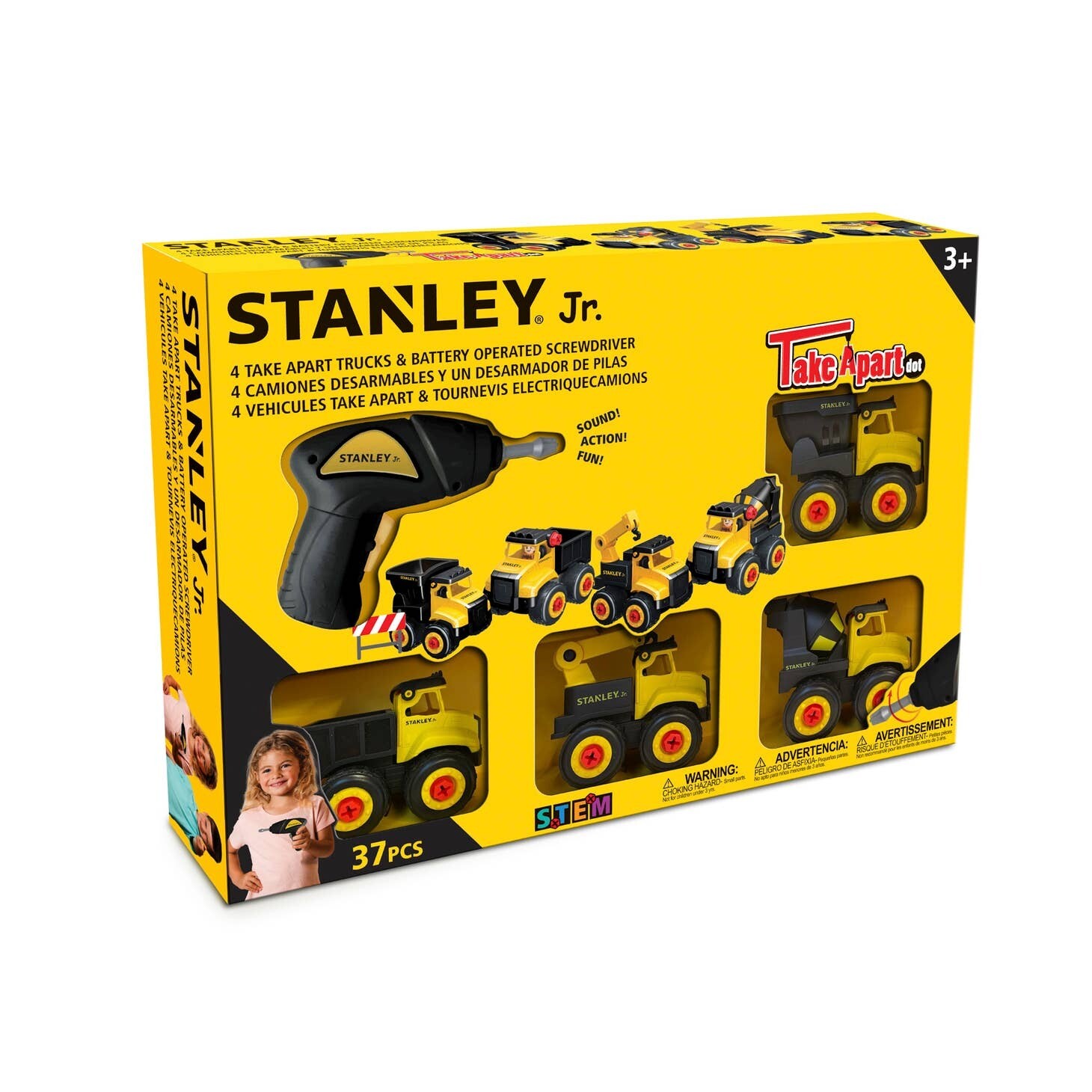 STANLEY Jr Take Apart Dot Set including 4 Trucks and Battery Operated Screwdriver