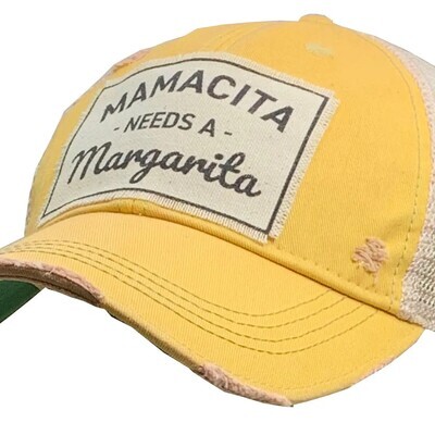 "Mamacita Needs A Margarita" Distressed Trucker Cap - Yellow