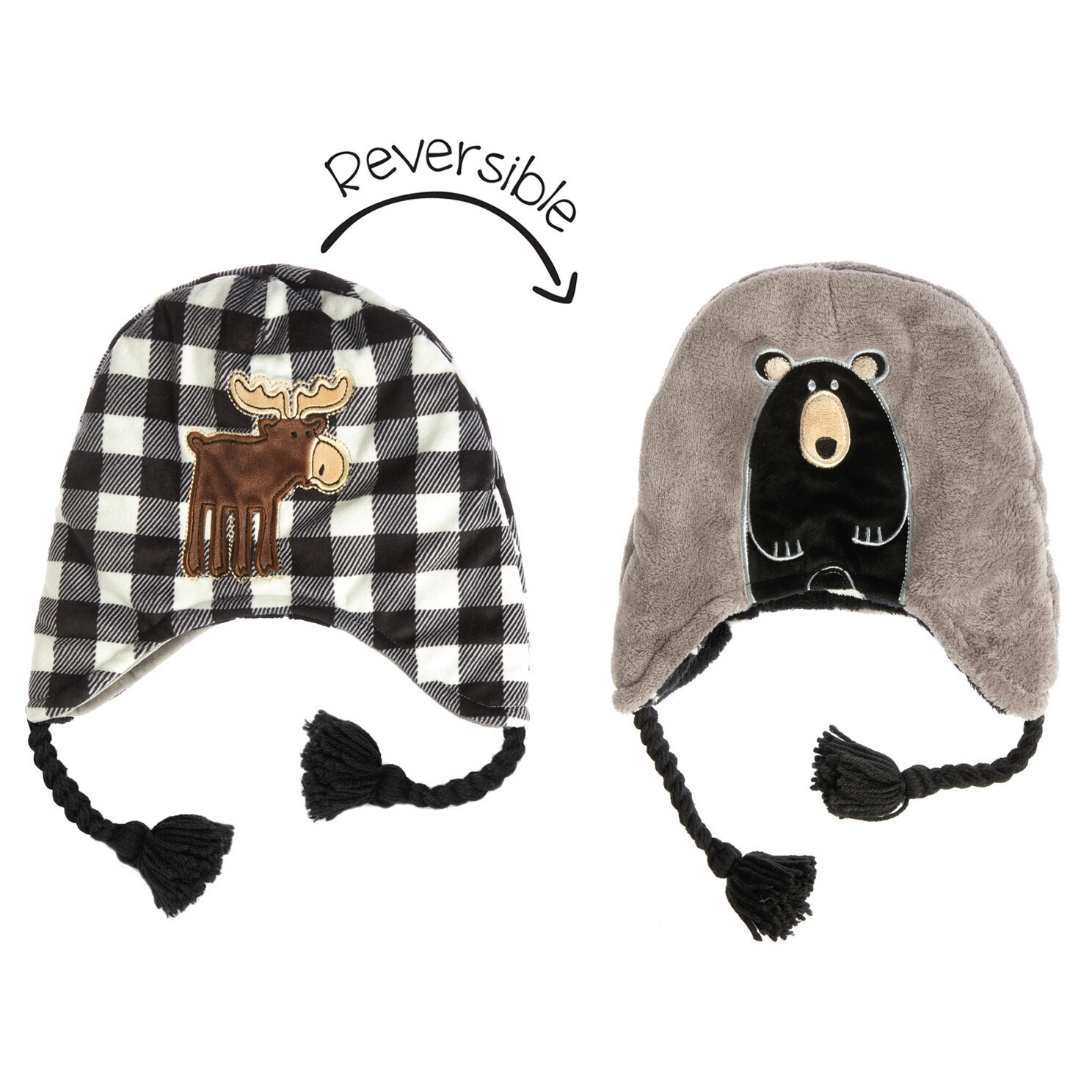 Kids Reversible Fleece Winter Hat - Moose (B&amp;W)/Black Bear - L (3-8Y+)