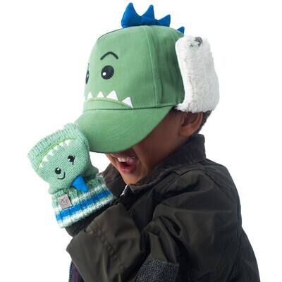FlapJackKids: Kids Knit Fingerless Gloves w/ Flap - Dino M (2-4Y)