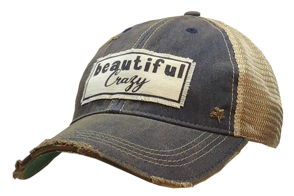 "Beautiful Crazy" Distressed Trucker Hat Baseball Cap - Navy Blue