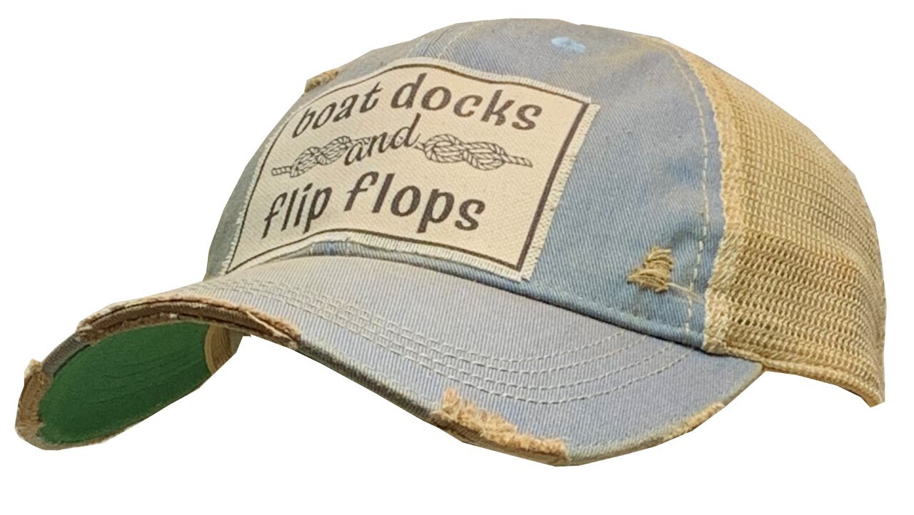 "Boat Docks and Flip Flops" Distressed Trucker Cap - Sky Blue