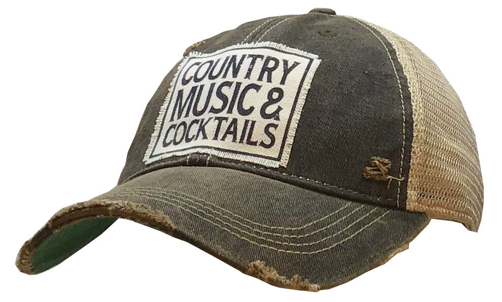 "Country Music &amp; Cocktails" Distressed Trucker Hat Baseball Cap - Black