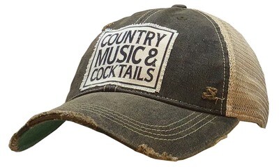 "Country Music &amp; Cocktails" Distressed Trucker Hat Baseball Cap - Black