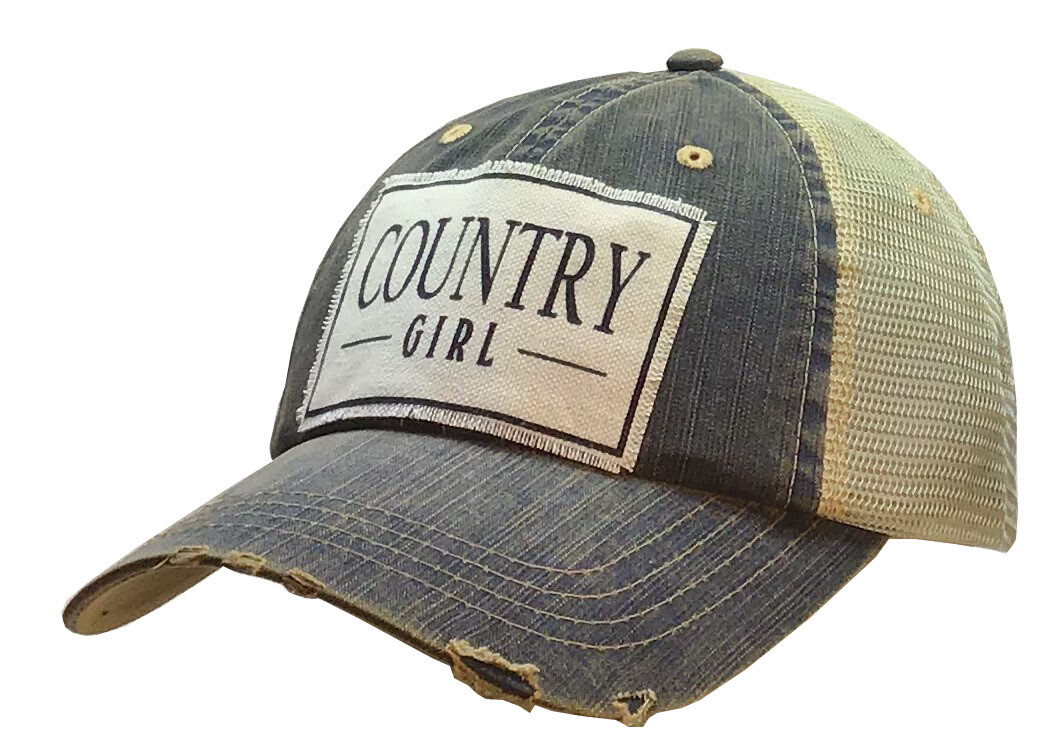 "Country Girl" Distressed Trucker Hat Baseball Cap - Blue Denim