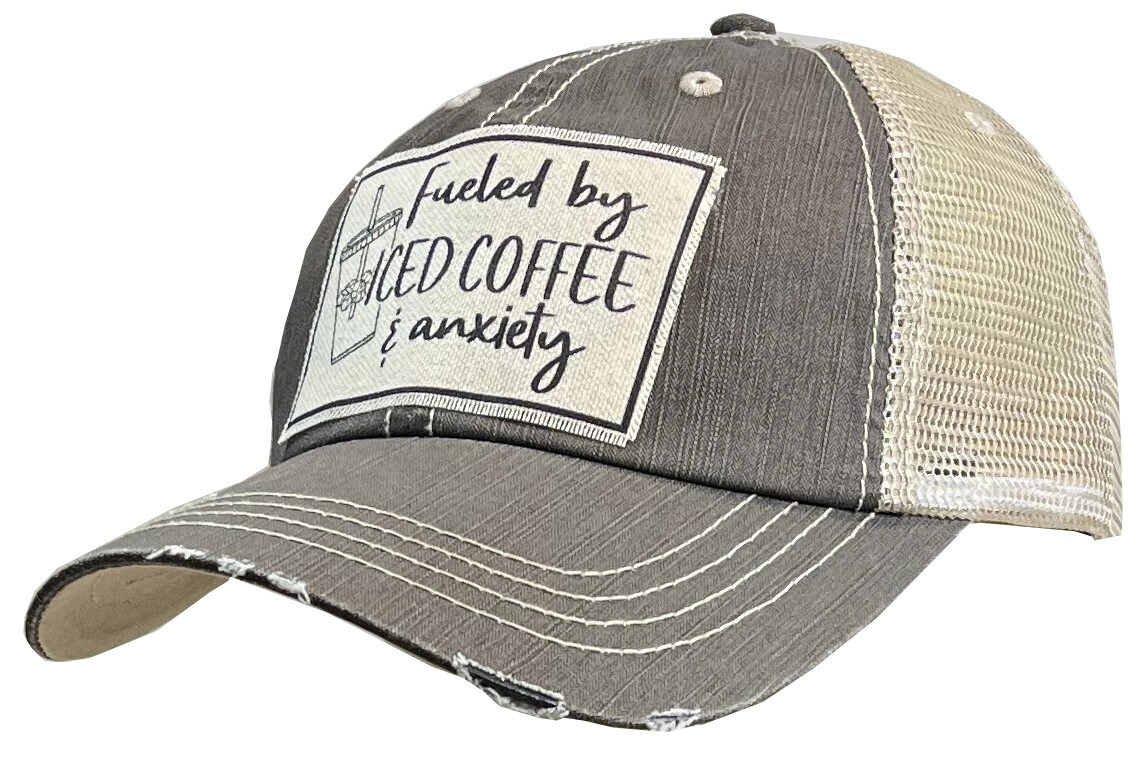 "Fueled By Iced Coffee &amp; Anxiety" Distressed Trucker Hat Baseball Cap - Light Brown