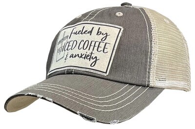 "Fueled By Iced Coffee &amp; Anxiety" Distressed Trucker Hat Baseball Cap - Light Brown