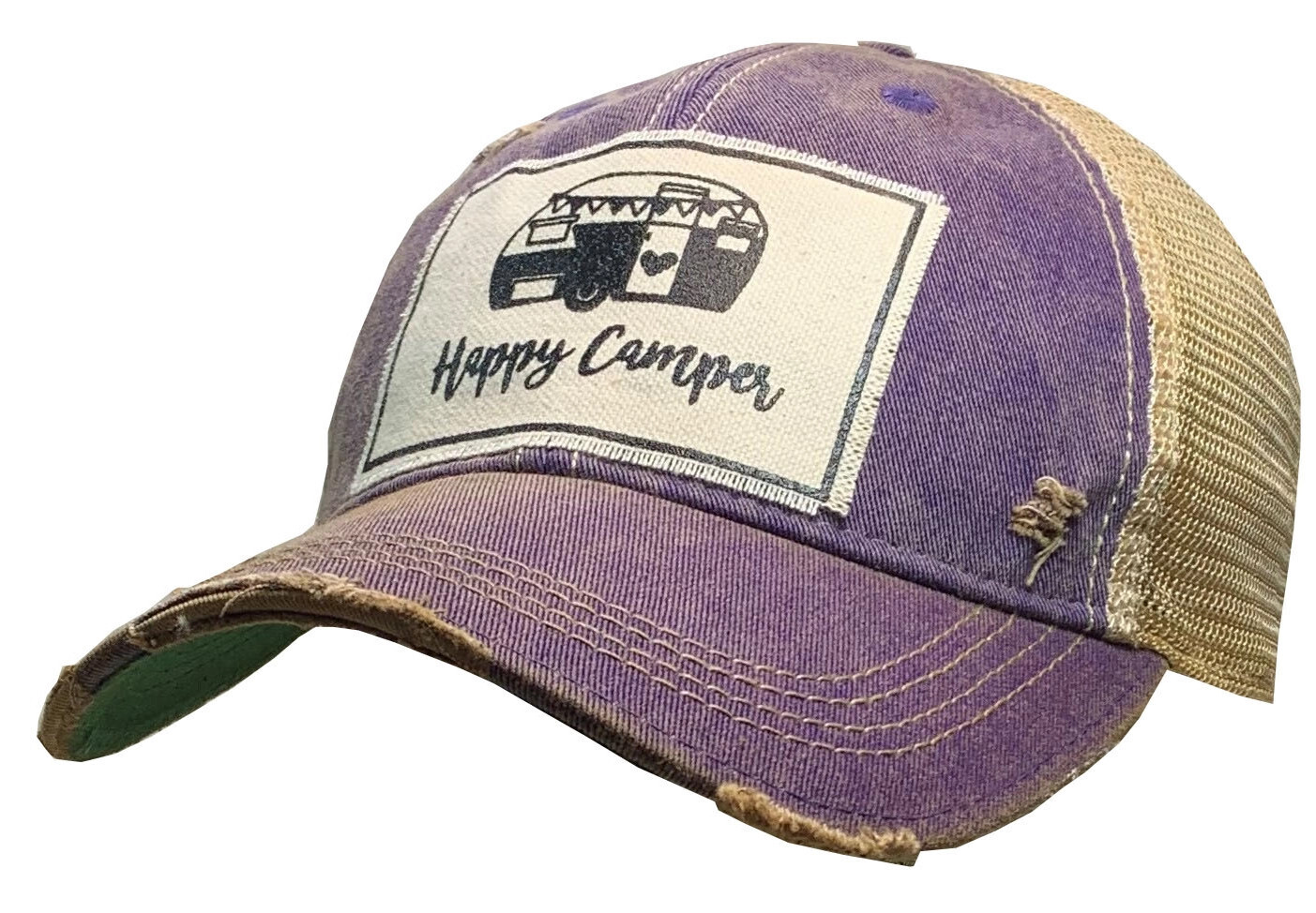 "Happy Camper" Distressed Trucker Hat Baseball Cap - Purple