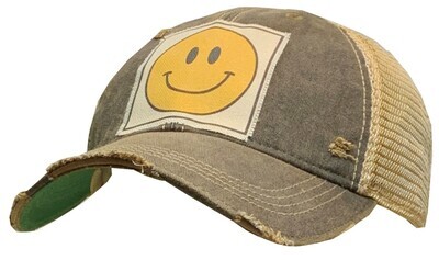 "Happy Face Logo" Distressed Trucker Hat Baseball Cap - Black