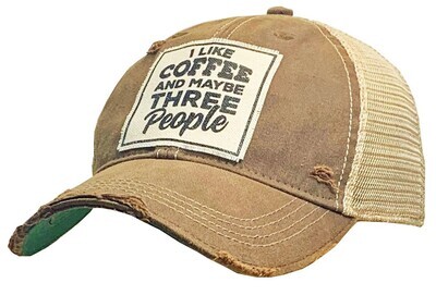 "I Like Coffee and Maybe Three People" Distressed Trucker Hat Baseball Cap - Light Brown