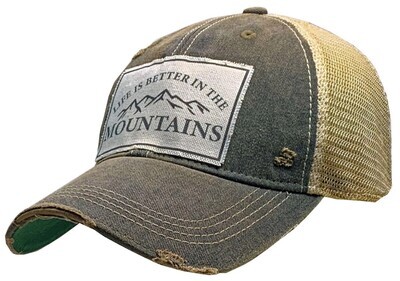 "Life Is Better in the Mountains" Distressed Trucker Cap - Black