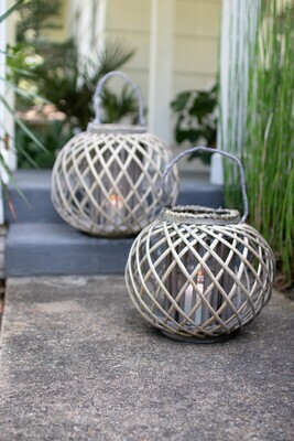Low Round Grey Willow Lantern with Glass - Small