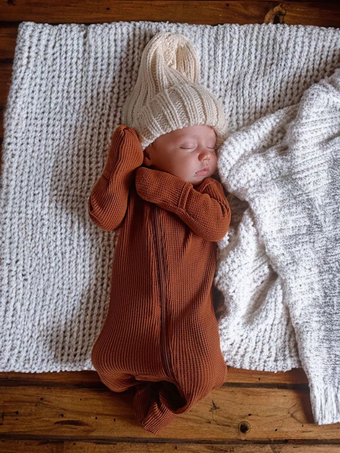 SpearmintLOVE Organic Waffle Basic Zip Footie, Caramel 0 - 3 mo.