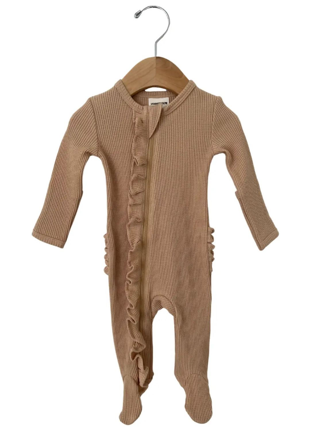 SpearmintLOVE Organic Waffle Ruffle Zip Footie, Tan 6 - 9 mo.