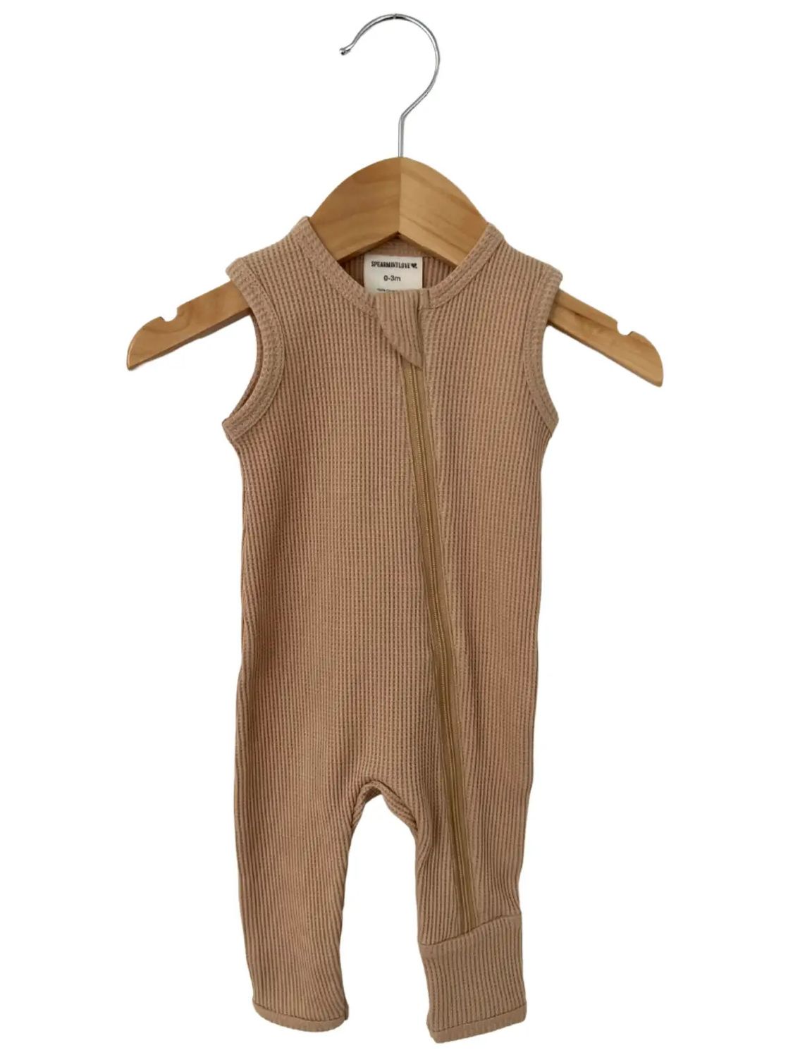 SpearmintLOVE Organic Waffle Sleeveless Zip Romper, Tan 12 - 18 mo.