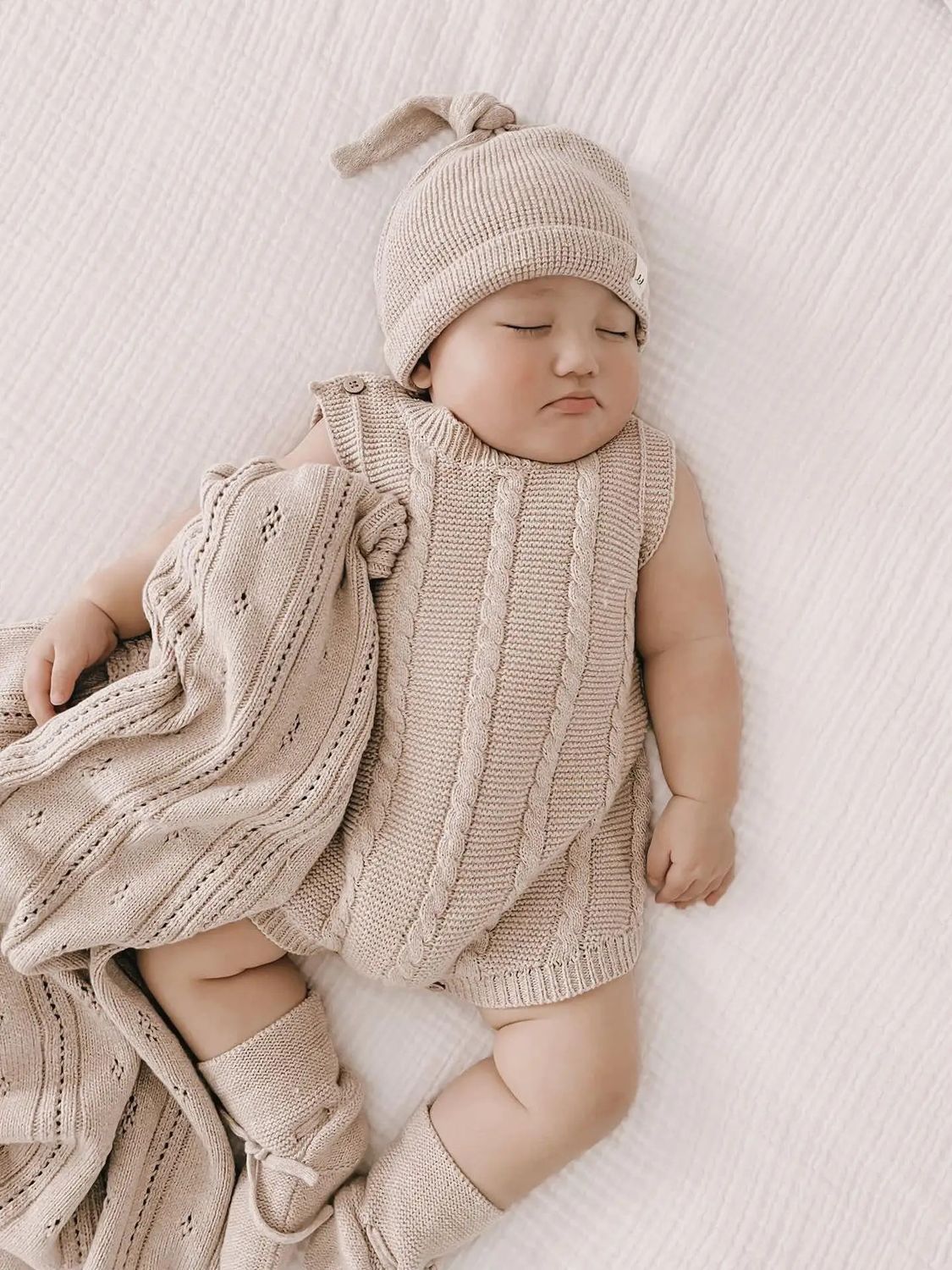 Luna + Luca Cable Knit Summer Romper - Heather Beige 6 - 12 months