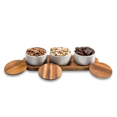 Ceramic Condiment Set On Acacia Wood Base-Ivory