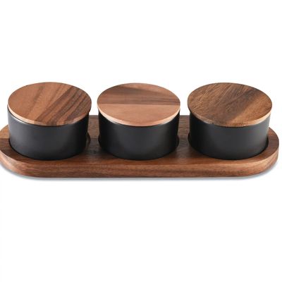 Ceramic Condiment Set On Acacia Wood Base-Black