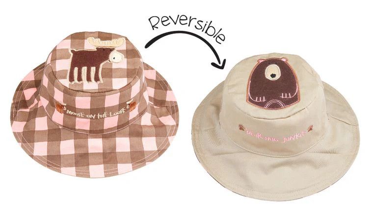 Reversible Kids' Sun Hat - Pink Moose / Brown Bear: Large (4yrs-6+yrs)
