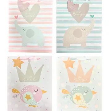 Baby Shower Gift Bag - Bird/Elephant with Patterns - Large