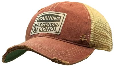 "May Contain Alcohol" - Dark Red Distressed Trucker Cap