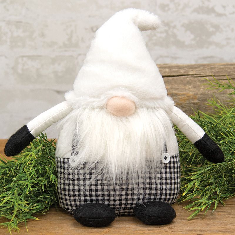 Fuzzy Black &amp; White Buffalo Checked Overalls Sitting Gnome