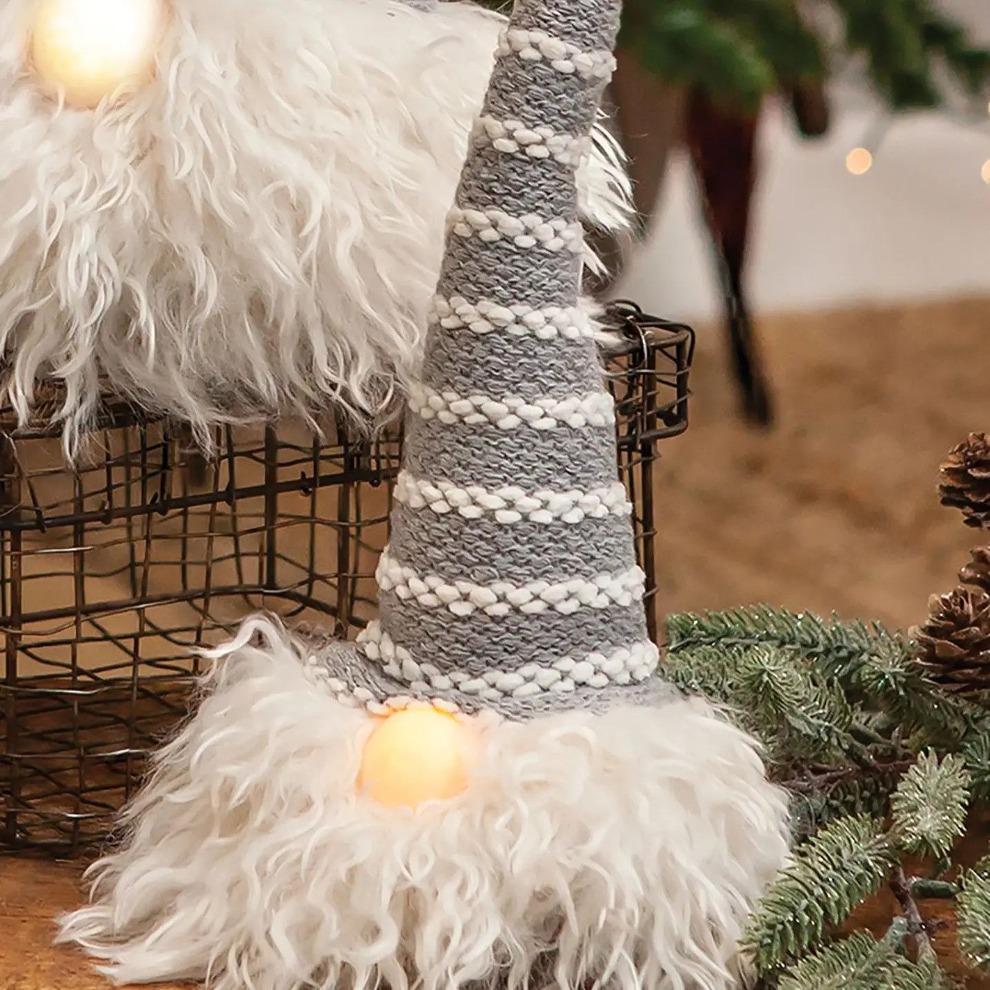 Grey Hat Santa Gnome w/LED light Nose - 19.5 in