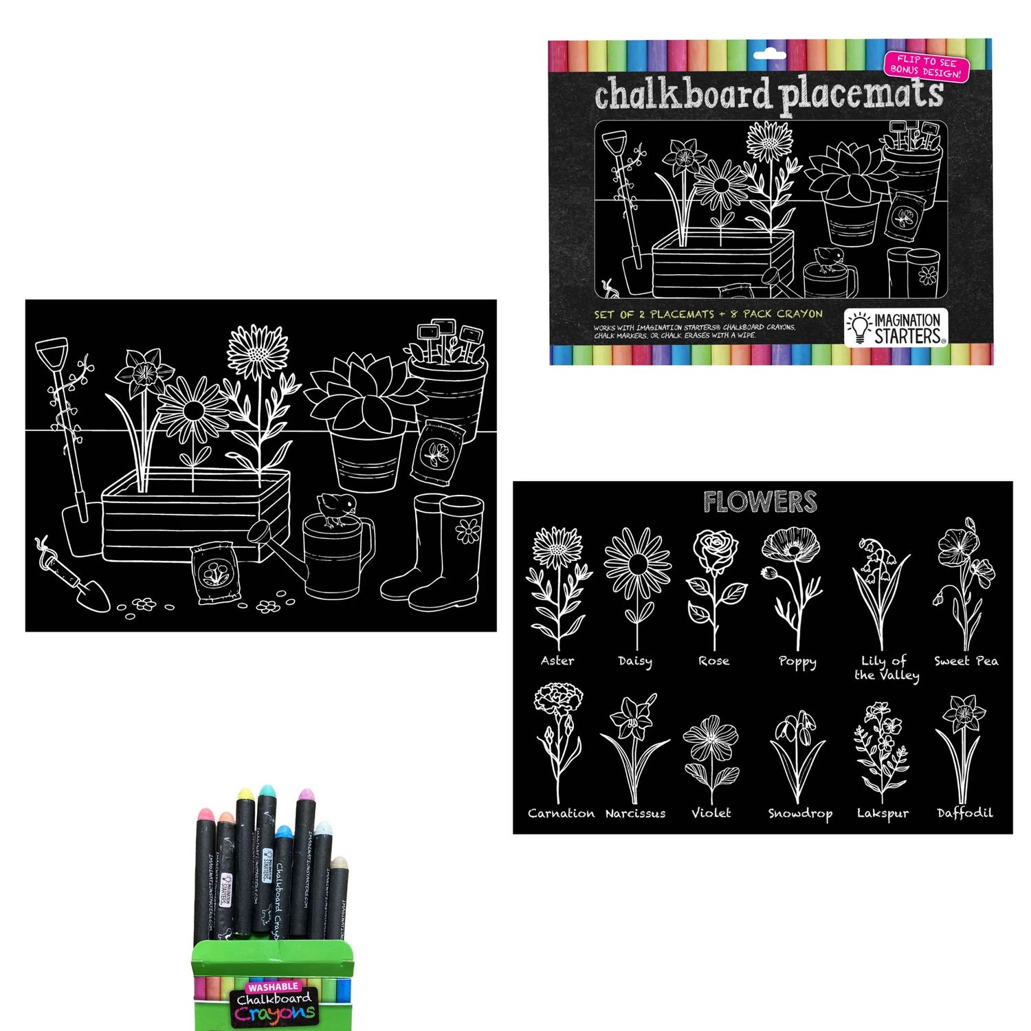 Imagination Starters Chalkboard Placemats Coloring Set (12"x17")  - Flowers/Garden