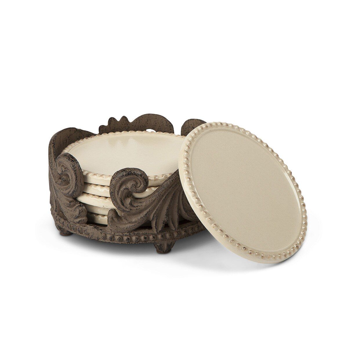 Acanthus Stoneware Coaster Set - Set of 6 with Base